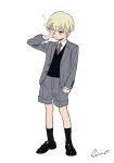  1boy aqua_eyes black_footwear black_socks black_vest blonde_hair brown_necktie child clenched_hand closed_mouth collared_shirt full_body grey_jacket grey_shorts hand_over_eye high_card highres jacket looking_to_the_side male_focus mojisan_(ebimo) necktie pinochle_constantine_leo shirt short_hair shorts simple_background sleepy socks solo standing suit vest white_shirt 