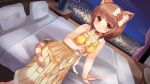  1girl absurdres animal_ear_fluff animal_ears aq_gohan arm_support azuki_(nekopara) bare_arms bare_shoulders blunt_bangs blush bow bracelet brown_eyes brown_hair cat_ears cat_girl cat_tail collarbone commentary_request commission cup day dress drinking_glass dutch_angle feet_out_of_frame flower formal hair_bow hair_flower hair_ornament hand_up highres holding holding_cup indoors jewelry light_smile looking_at_viewer medium_hair necklace nekopara night night_sky official_alternate_costume on_bed open_mouth orange_flower pearl_bracelet pearl_necklace pleated_dress sitting skeb_commission sky sleeveless sleeveless_dress slit_pupils solo straight_hair striped_tail tail tile_floor tiles window wine_glass yellow_bow yellow_dress 