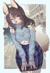anthro arm_tuft blue_eyes blush breasts canid canine female hair highlights_(coloring) kiichi knitting looking_at_viewer mammal shoulder_tuft solo tail tuft under_boob