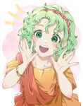  1girl :d bangs blush bracelet collarbone commentary_request dress fire_emblem fire_emblem:_thracia_776 green_eyes green_hair hairband hands_up highres jewelry looking_at_viewer mojakkoro open_mouth orange_dress pink_hairband short_hair smile solo tina_(fire_emblem) upper_body white_background 