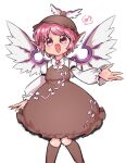  1girl animal_ears bird_ears bird_wings brown_dress brown_headwear brown_socks dress eighth_note feet_out_of_frame fingernails frilled_sleeves frills hat highres kneehighs long_sleeves musical_note mystia_lorelei open_mouth pink_eyes pink_hair sharp_fingernails short_hair simple_background smile socks solo spoken_musical_note suzumusi114 touhou white_background white_wings winged_hat wings 