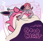  1girl ^_^ closed_eyes closed_mouth clothed_pokemon commentary_request elizabeth_(tomas21) hat hat_removed headwear_removed highres holding indoors joy_(pokemon) lamp long_hair long_sleeves nightcap nightstand nurse_cap on_bed pajamas pink_hair pokemon pokemon_(creature) shirt sleeping smile under_covers wigglytuff 