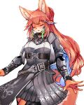 anthro armor belt black_clothing blue_highlights canid canine clothed clothing dress embroidered_clothing eyes_closed female fox fur green_highlights hair hi_res highlights_(coloring) kemono kida_kuro_mu mammal orange_body orange_fur orange_hair orange_tail solo tail