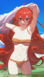  1girl ahoge armpits arms_up black_hairband bra breasts chilakkk cowboy_shot day eris_greyrat fundoshi hair_between_eyes hairband highres japanese_clothes long_hair looking_at_viewer medium_breasts mushoku_tensei navel open_mouth outdoors partially_submerged red_eyes red_hair solo stomach strapless strapless_bra twitter_username underwear undressing v-shaped_eyebrows very_long_hair water 