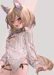  1girl animal_ear_fluff animal_ears arknights beanstalk_(arknights) blush bra breasts brown_bra brown_eyes brown_hair brown_panties censored commentary_request green_ribbon hair_between_eyes highres hyena_ears hyena_girl hyena_tail kochiya_(gothope) long_hair long_sleeves looking_at_viewer mosaic_censoring open_clothes open_mouth open_shirt panties pulled_by_self pussy ribbon shirt side-tie_panties simple_background small_breasts solo underwear white_shirt 