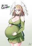  1girl :d blue_eyes blush breasts choker cleavage clothing_cutout clover clover_hair_ornament cowboy_shot dress english_text eunie_(xenoblade) four-leaf_clover green_dress hair_ornament hands_on_own_stomach highres jarckius large_breasts pregnant short_dress shoulder_cutout signature smile solo xenoblade_chronicles_(series) xenoblade_chronicles_3 