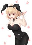  1girl :d ahoge alternate_costume animal_ears arcueid_brunestud bangs bare_shoulders black_leotard blonde_hair bow breasts commentary_request covered_navel detached_collar fake_animal_ears fake_tail hair_intakes highres large_breasts leotard looking_at_viewer open_mouth pantyhose playboy_bunny rabbit_ears rabbit_tail red_eyes short_hair smile solo strapless strapless_leotard tail taketuki_217 tsukihime wrist_cuffs 
