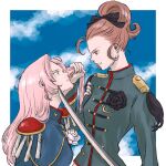  2girls aiguillette blue_background border brown_hair clenched_teeth cloud cloudy_sky epaulettes grabbing_another&#039;s_hair high_ponytail highres holding holding_another&#039;s_hair holding_sword holding_weapon katana long_hair looking_at_another multiple_girls outside_border pink_hair scene_reference shinohara_wakaba shoujo_kakumei_utena sky sword teeth tenjou_utena tronc uniform weapon white_border 