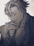  1boy absurdres cigarette closed_eyes collared_shirt earrings greyscale highres holding holding_cigarette jewelry jujutsu_kaisen large_pectorals long_sleeves male_focus monochrome nanami_kento nekonii open_clothes open_shirt pectorals shirt short_hair smoking solo upper_body 