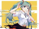  1girl arm_up bangs black_skirt blue_eyes double_ok_sign green_hair hair_between_eyes hand_up hatsune_miku highres long_hair midriff_peek navel orange_background parted_lips shirt short_sleeves skirt solo twintails two-tone_background very_long_hair vocaloid white_background white_shirt yue_yue 