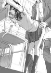  1boy 1girl bent_over blush bow bowtie cardigan carrot_(robosquat) classroom clothes_pull couple greyscale head_out_of_frame heavy_breathing hetero highres jacket kneehighs monochrome necktie open_mouth original pants pants_pull school_uniform sex skirt socks standing standing_sex sweat trembling 