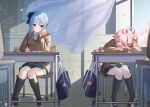  2girls absurdres ahoge ai_(u_e_o_o) alternate_costume aqua_skirt bag bag_charm bell black_socks blue_bow blue_bowtie blue_eyes blue_hair blue_ribbon blurry blurry_foreground bow bowtie brown_cardigan cardigan chair charm_(object) cherry_blossoms classroom closed_eyes closed_mouth commentary_request curtains day desk falling_petals feet_out_of_frame hair_bell hair_ornament hair_ribbon head_rest highres hololive hoshimachi_suisei indoors jingle_bell juice_box kneehighs long_sleeves looking_at_viewer medium_hair miniskirt multiple_girls on_chair open_mouth petals pink_hair pleated_skirt ribbon sakura_miko school_bag school_chair school_desk school_uniform shoes sitting skirt sleeping socks sunlight uwabaki virtual_youtuber white_footwear wind window x_hair_ornament 