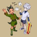  2boys animal_ears arm_up belt black_belt black_hair blue_eyes blue_shirt brown_background brown_eyes cat_boy cat_tail closed_mouth dog_boy dog_ears dog_tail etceteraart full_body gon_freecss green_footwear green_shorts grey_hair grey_shirt grey_shorts highres holding holding_skateboard hunter_x_hunter killua_zoldyck male_focus multiple_boys open_mouth shirt short_hair shorts skateboard spiked_hair standing tail 