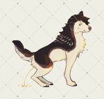 ambiguous_gender brown_body brown_fur canid canine canis dark_body dark_fur domestic_dog feral fur husky mammal nordic_sled_dog peeing purple_eyes quadruped raised_tail simple_background smile solo spitz tail white_body white_fur woofymutt