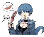  black_choker black_shirt blue_eyes blue_hoodie breasts choker cleavage cooking cropped_torso earrings eating fire from_side highres holding holding_stick hood hood_down hoodie hot_dog jewelry kame-chan_(oligogi_meoggosipda) lip_piercing lizard_tail looking_at_viewer medium_breasts mole mole_under_eye musical_note oligogi_meoggosipda oral original parted_lips piercing ribbon_choker saliva saliva_trail shirt short_hair simple_background speech_bubble spoken_musical_note steam stick stud_earrings tail tomboy tongue tongue_out white_background zipper_pull_tab 