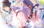  1girl aqua_ribbon beret black_footwear black_hair black_hat blue_flower blunt_bangs blunt_ends chandelier dream_believers_(love_live!) dress dutch_angle floating floating_hair floating_hat flower frilled_dress frills full_body game_cg green_eyes hair_flower hair_ornament hand_on_own_chest hand_up hat highres link!_like!_love_live! looking_at_viewer love_live! mary_janes mechanical_pencil medium_dress momose_ginko neck_ribbon official_art parted_lips pencil pink_dress pink_flower ribbon shoes short_hair socks solo textbook third-party_source virtual_youtuber white_socks yellow_flower 
