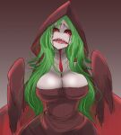  big_breasts blood blood_from_eye bloodstained:_ritual_of_the_night bodily_fluids breasts brown_background brown_clothing brown_dress cleavage clothed clothing cyhyraeth_(bloodstained) dress eyelashes female ghost green_hair grey_body grey_skin hair hi_res hood huge_breasts humanoid long_hair looking_at_viewer morgan_zero02 open_mouth red_eyes sharp_teeth simple_background solo spirit teeth undead 