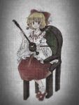  1girl blonde_hair bow bow_(music) bowtie chair cherry cherry_hair_ornament detached_sleeves erhu food food-themed_hair_ornament frilled_ribbon frilled_shirt frilled_shirt_collar frilled_sleeves frills fruit hair_between_eyes hair_ornament hair_ribbon holding holding_instrument instrument long_skirt long_sleeves looking_at_viewer mary_janes medium_hair miupuyo multicolored_clothes multicolored_shirt red_bow red_bowtie red_footwear red_ribbon red_shirt red_skirt ribbon satsuki_rin shirt shoes simple_background sitting skirt sleeves_past_elbows sleeves_past_wrists smile socks touhou white_shirt white_sleeves white_socks wide_sleeves yellow_eyes 