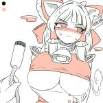  1girl animal_ears arm_under_breasts averting_eyes bell blunt_bangs blush bow breasts clenched_hand closed_mouth collar commentary_request cow_ears cow_horns cow_tail cowbell detached_sleeves ear_tag frilled_bow frilled_hair_tubes frills frown hair_bow hair_tubes hakurei_reimu horns kemonomimi_mode kigan&#039;eiji large_breasts limited_palette medium_hair milking_machine nose_blush red_bow red_eyes red_ribbon red_shirt ribbon ribbon-trimmed_sleeves ribbon_trim shirt sweatdrop tail tearing_up touhou underboob upper_body v-shaped_eyebrows white_background 