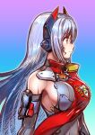  1girl android breasts elbow_gloves fukadumeasadume gloves gradient gradient_background highres large_breasts long_hair looking_to_the_side orange_eyes poppi_(xenoblade) poppi_qtpi_(xenoblade) purple_hair smile xenoblade_chronicles_(series) xenoblade_chronicles_2 