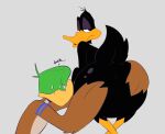 anatid anseriform anthro avian bird black_body black_feathers butt butt_worship daffy_duck duck duo english_text feathers featureless_crotch half-closed_eyes hi_res looney_tunes male male/male narrowed_eyes presenting presenting_hindquarters text warner_brothers yiwol