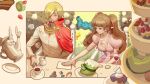  1boy 1girl blonde_hair blue_eyes breasts brown_hair cake candy cape chair charlotte_pudding closed_mouth commentary_request cup cupcake curly_eyebrows dress drinking_glass facial_hair flower food fruit goatee highres holding holding_cup lips long_hair long_sleeves official_alternate_costume one_piece pink_dress plate red_cape rita_ya sanji_(one_piece) short_hair sitting smile strawberry table teacup teapot twintails 