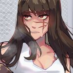  breasts breath brown_hair chain-link_fence chainsaw_man cleavage close-up crop_top english_commentary eyelashes fence looking_to_the_side messy_hair mitaka_asa outdoors parted_lips red_eyes scar scar_on_face steam sweat tank_top white_tank_top yoru_(chainsaw_man) yuqi_non 