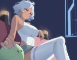  1girl aqua_eyes arm_rest breasts closed_mouth couch covered_navel crossed_legs dark-skinned_female dark_skin from_below from_side gundam gundam_suisei_no_majo highres hip_vent large_breasts looking_ahead secelia_dote shirt short_hair short_shorts shorts sitting sleeveless sleeveless_shirt smile solo surock thighhighs thighs v-shaped_eyebrows wavy_hair white_hair white_nails white_shirt white_thighhighs 