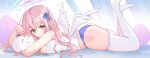 1girl absurdres ash_(cat7evy) ass blue_archive blue_panties breasts camisole cushion feathered_wings feet_up hair_ribbon halo highres large_breasts looking_at_viewer lying mika_(blue_archive) on_stomach panties pink_hair ribbon solo thighhighs underwear white_camisole white_thighhighs white_wings wings 
