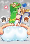 2boys absurdres ass bar_censor blue_dress blush cameltoe censored closed_mouth dark_pit dress erection from_behind green_hair grey_background heart highres huge_ass imminent_penetration kid_icarus laurel_crown long_hair looking_at_viewer looking_back multiple_boys palutena penis penis_on_ass pit_(kid_icarus) rariatto_(ganguri) sideways_glance simple_background sitting smile spoken_heart staff testicles 