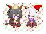  2boys arknights black_cloak black_hair chibi chinese_commentary cloak commentary_request ebenholz_(arknights) hair_over_one_eye hat jiekuijiangshadaonijiamenkou kreide_(arknights) long_hair male_focus multiple_boys no_mouth no_nose purple_eyes purple_scarf red_hat red_trim santa_hat scarf shirt striped_clothes striped_scarf vertical-striped_clothes vertical-striped_scarf white_hair white_shirt yellow_hat yellow_scarf 
