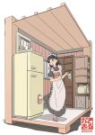  1girl apron architecture artist_logo bag black_dress black_hair bottle cabinet cross-section dated dress east_asian_architecture frilled_apron frilled_headband frills harukaze_cool highres holding holding_bag holding_bottle maid maid_apron maid_headdress medium_hair open_mouth original pink_footwear puffy_sleeves refrigerator slippers solo standing standing_on_one_leg window 