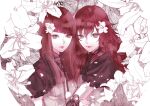  2girls blunt_bangs breasts capelet commentary_request devola diagonal_bangs flower greyscale hair_between_eyes hair_flower hair_ornament kiyohara_hiro medium_breasts monochrome multiple_girls nier:automata nier_(series) popola red_hair red_theme siblings sisters smile 