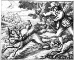 17th_century ancient_art big_bad_wolf boots bovid canid canine canis caprine clothing crook domestic_dog equid equine fairy_tales feral footwear francis_barlow gloves greyscale group handwear hat headgear headwear horse human male mammal meadow monochrome plant public_domain sheep shepherd staff the_boy_who_cried_wolf tree wolf woodcut