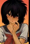  1girl black_eyes black_hair blush highres looking_to_the_side nazo_no_kanojo_x nose_blush open_mouth saliva saliva_trail school_uniform serafuku short_hair short_sleeves solo uee_m upper_body urabe_mikoto 