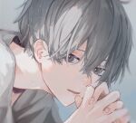  1boy blurry commentary_request fingernails grey_background grey_eyes grey_hair grey_shirt grey_theme hair_between_eyes interlocked_fingers looking_at_viewer looking_to_the_side male_focus open_mouth original own_hands_together portrait sai_gumi shirt short_hair solo 