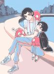  2boys aged_down child dual_persona fountain highres japanese_clothes kimono mendou_shuutarou multiple_boys octopus shoes sneakers talking ten-a urusei_yatsura water 