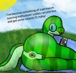 anthro anus backsack balls butt dialogue genitals grass_field hi_res light looking_at_viewer male micropenis nude penis perineum presenting presenting_hindquarters reptile scalie small_penis snake snakeside solo sunlight sunning tail