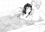  1boy 1girl bathing bathtub blue_eyes breasts carrot_(robosquat) completely_nude couple hetero highres long_hair looking_at_another mixed-sex_bathing monochrome nude open_mouth original shared_bathing sitting small_breasts smile spot_color tile_wall tiles wet 