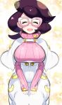  1girl big_hair blush breasts buttons capelet closed_eyes coat glasses hand_on_own_thigh highres large_breasts long_sleeves nicoseiga_35036059 pink-framed_eyewear pink_sweater plump pokemon pokemon_(game) pokemon_sm purple_hair ribbed_sweater star_(symbol) sweater turtleneck turtleneck_sweater white_capelet white_coat wicke_(pokemon) wide_hips 