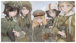  5girls abigail_(panzerfritz) absurdres assault_rifle belt_pouch binoculars blonde_hair blue_eyes brown_eyes brown_hair buttons camouflage camouflage_jacket cigarette closed_mouth collared_shirt cross day eika_(dersoldatfritz) erika_(sebastian_z) eyepatch frown glasses green_jacket gun hat helmet highres holding holding_cigarette holding_weapon iron_cross jacket long_hair long_sleeves looking_at_viewer medium_hair military military_uniform multiple_girls multiple_sources necktie peaked_cap pouch red_cross rifle round_eyewear shirt sky smile stg44 uniform upper_body ursula_(keiita) weapon white_shirt xerbatt 