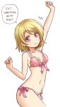  1girl arm_up bikini blush breasts brown_hair commentary english_commentary english_text food food_on_face highres koizumi_hanayo looking_at_viewer love_live! navel open_mouth purdoy25 purple_eyes short_hair side-tie_bikini_bottom small_breasts solo swimsuit 