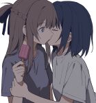  2girls black_ribbon blue_hair bright_pupils brown_hair closed_eyes coldcat. commentary_request commission earrings food grey_shirt hair_ribbon hand_on_another&#039;s_wrist highres holding holding_food holding_popsicle jewelry kiss licking licking_another&#039;s_face licking_another&#039;s_lips long_hair medium_hair miyagi_shiori multiple_girls popsicle purple_shirt ribbon second-party_source sendai_hazuki shirt short_sleeves shuuniichido_classmate_wo_kau_hanashi simple_background stud_earrings sweat tongue upper_body white_background white_pupils yuri 