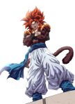  1boy absurdres baggy_pants biceps black_vest black_wristband blue_eyes blue_sash body_fur commentary_request crossed_arms dragon_ball dragon_ball_gt from_below gogeta highres looking_at_viewer looking_down male_focus metamoran_vest mocky_art monkey_tail muscular muscular_male open_clothes open_mouth open_vest pants red_fur red_hair sash simple_background smile solo spiked_hair standing super_saiyan super_saiyan_4 tail teeth tongue v-shaped_eyebrows vest white_background white_pants wristband 