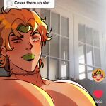  1boy blonde_hair commentary cover_them_up_slut_(meme) dio_brando earrings english_commentary fang green_headband green_lips headband highres huyandere jewelry jojo_no_kimyou_na_bouken large_pectorals male_focus meme pectorals photo_background red_eyes scar scar_on_neck shiny_skin solo sparkle stardust_crusaders 