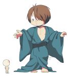  2boys absurdres artist_name barefoot blue_kimono brown_eyes brown_hair child father_and_son gegege_no_kitarou hair_over_one_eye hands_on_own_hips highres japanese_clothes kani6850 kimono kitarou_tanjou:_gegege_no_nazo medama_oyaji multiple_boys oversized_clothes simple_background standing white_background 