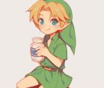 2023 belt beverage blonde_hair blue_eyes bottle clothing container elf hair holding_bottle holding_container holding_object humanoid humanoid_pointy_ears hylian licking licking_lips light_body light_skin looking_at_viewer male milk nintendo not_furry shirt simple_background smile solo the_legend_of_zelda tongue topwear tunic wusagi2 young_link