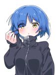  1girl bangs black_jacket blue_hair blush bocchi_the_rock! commentary eyes_visible_through_hair hair_ornament hair_over_one_eye hairclip hand_up highres jacket long_sleeves parted_lips puffy_long_sleeves puffy_sleeves simple_background sleeves_past_wrists solo tosyeo white_background yamada_ryou yellow_eyes 