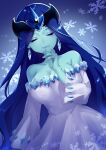  1girl absurdres bakuten_shoot_beyblade bare_shoulders beyblade blue_skin breasts cleavage closed_eyes colored_skin dress earrings facing_viewer hand_up highres jewelry large_breasts long_hair meronnpannpi smile snowflakes solo standing white_dress yuki_onna yuki_onna_(beyblade) 