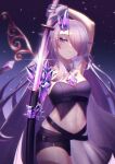  1girl blush breasts chest_jewel cipher4109 gem grey_hair hair_over_one_eye highres holding holding_sword holding_weapon hololive hololive_english jewel_under_eye katana koseki_bijou long_hair looking_at_viewer multicolored_hair navel purple_eyes purple_gemstone sword virtual_youtuber weapon 